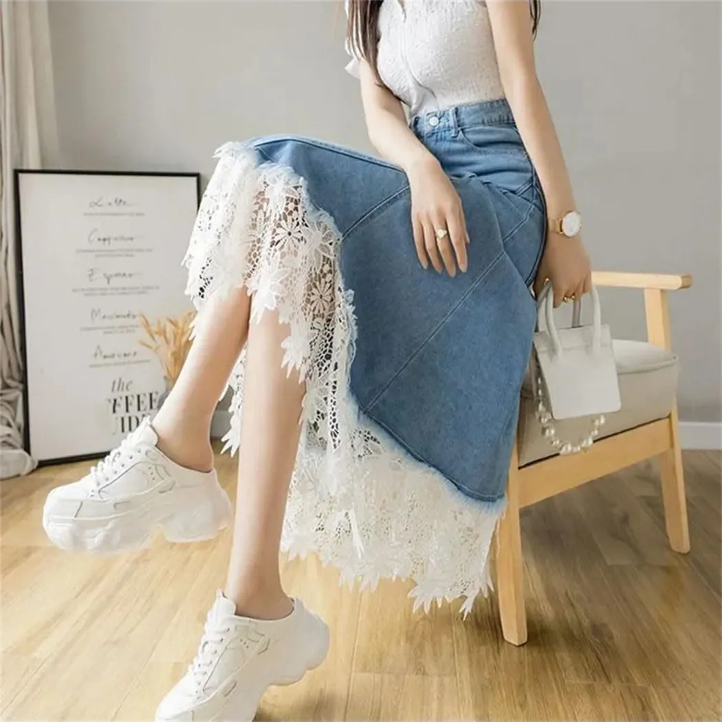 Women's Hight Waist Lace Denim Skirt Summer All-Match Pleated Patchwork Slim A Line Long Jeans Skirt