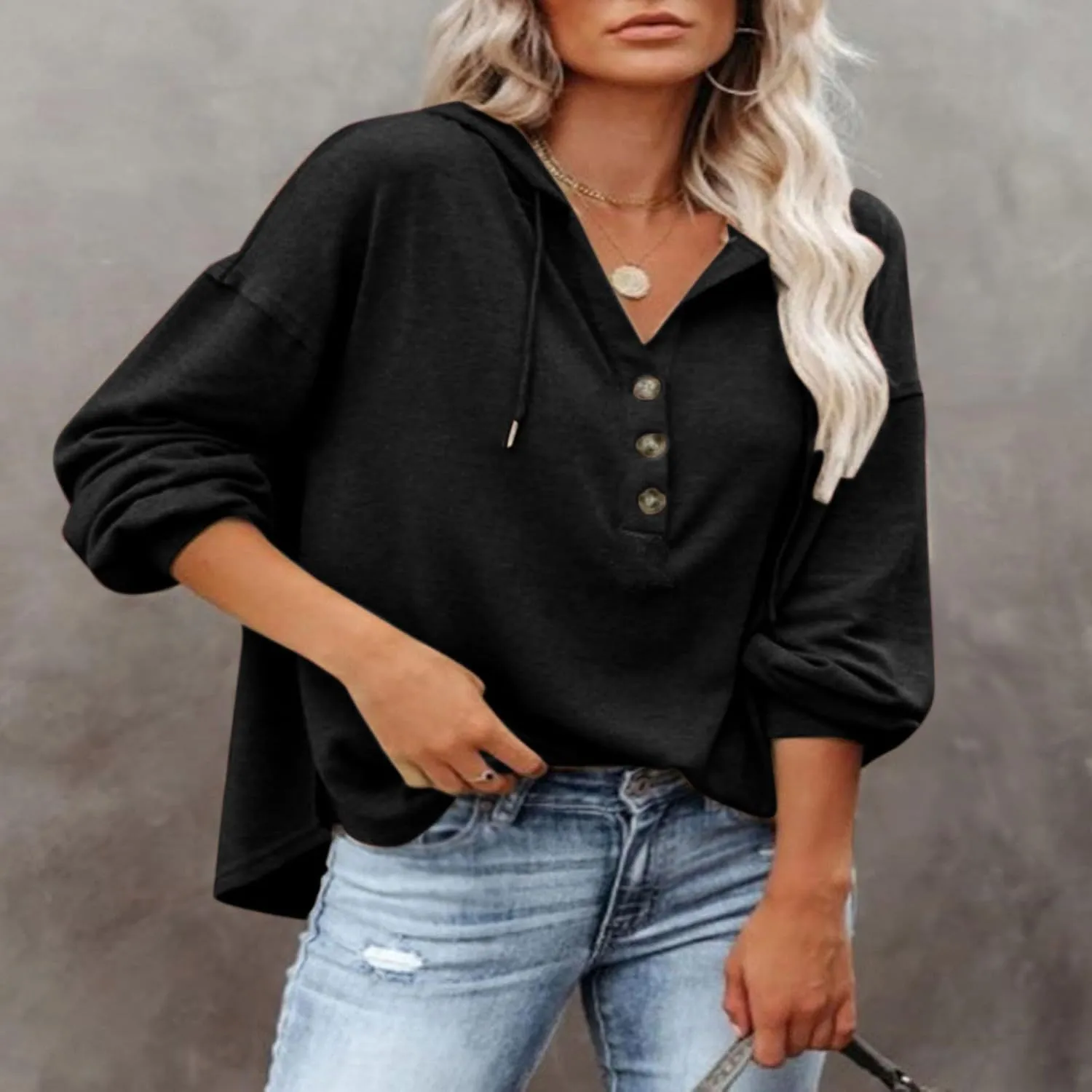 Womens Hoodies Loose Fit Sweatshirt Casual Long Sleeve Button V Neck Shirts Pullover Tops Fashion Cute Blouse Tops