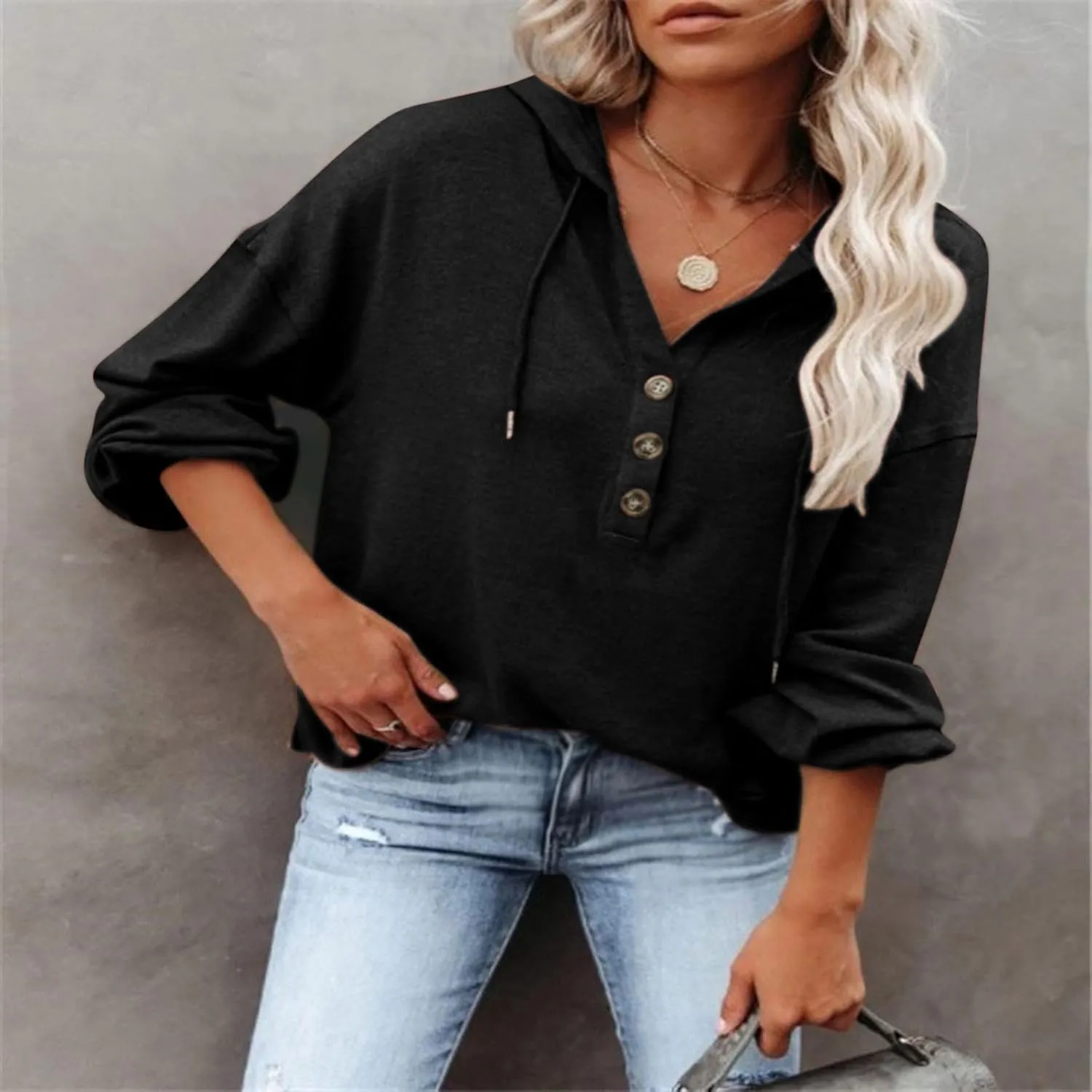 Womens Hoodies Loose Fit Sweatshirt Casual Long Sleeve Button V Neck Shirts Pullover Tops Fashion Cute Blouse Tops