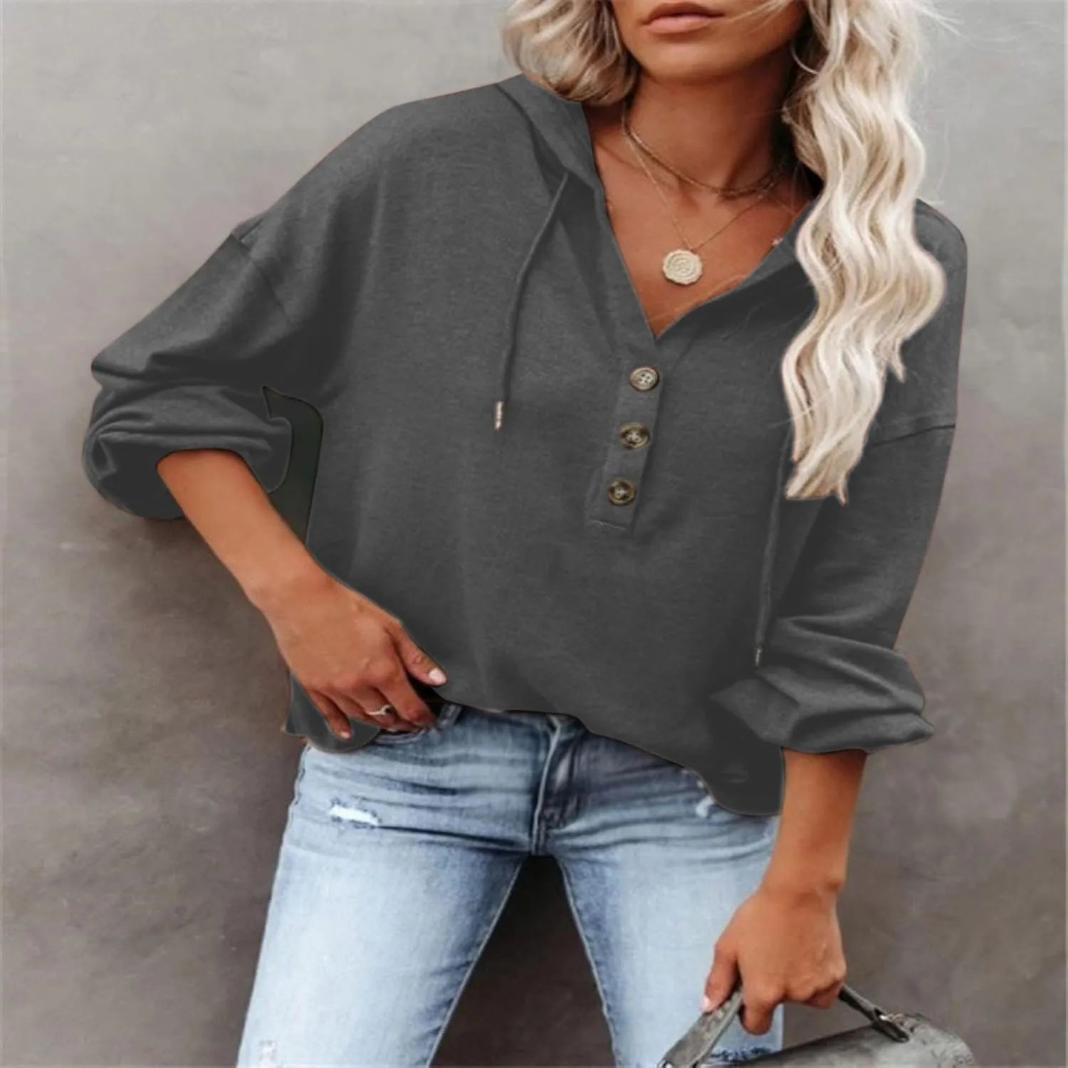 Womens Hoodies Loose Fit Sweatshirt Casual Long Sleeve Button V Neck Shirts Pullover Tops Fashion Cute Blouse Tops
