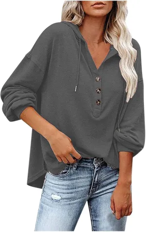 Womens Hoodies Loose Fit Sweatshirt Casual Long Sleeve Button V Neck Shirts Pullover Tops Fashion Cute Blouse Tops