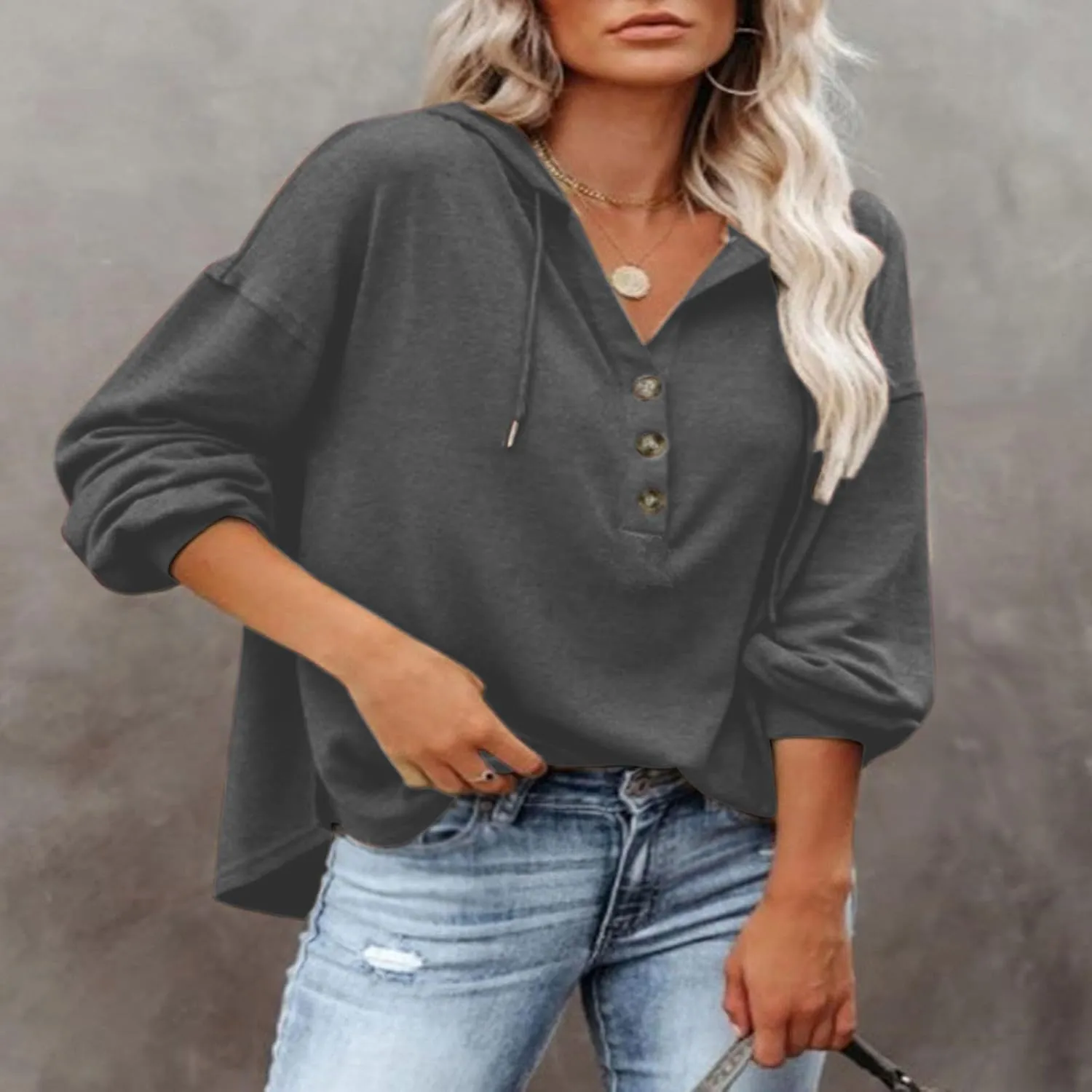 Womens Hoodies Loose Fit Sweatshirt Casual Long Sleeve Button V Neck Shirts Pullover Tops Fashion Cute Blouse Tops