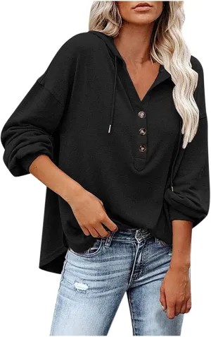 Womens Hoodies Loose Fit Sweatshirt Casual Long Sleeve Button V Neck Shirts Pullover Tops Fashion Cute Blouse Tops