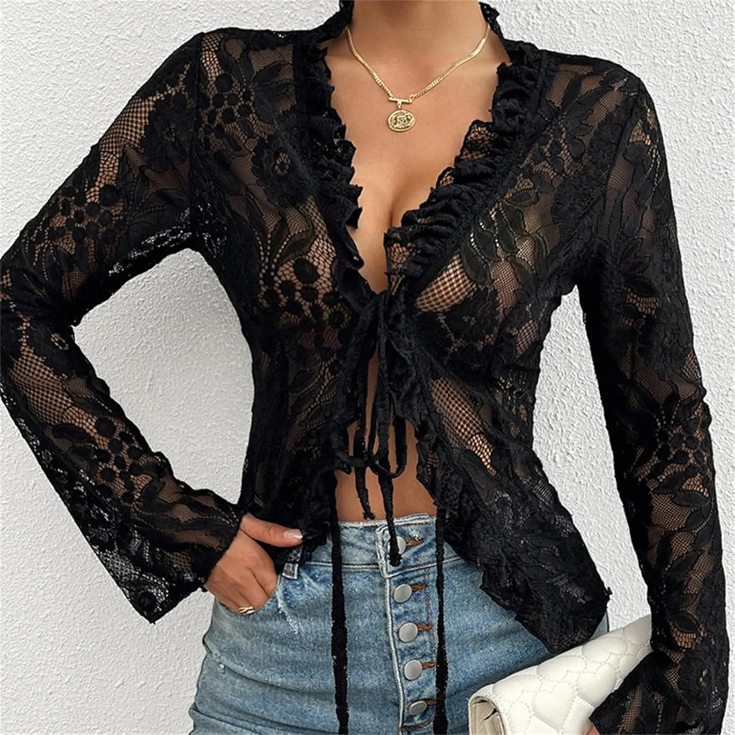 Women's Lace Long Sleeve Crop Top Sexy V Neck See Through Shirt Floral Lace Open Front Tie Blouse Streetwear