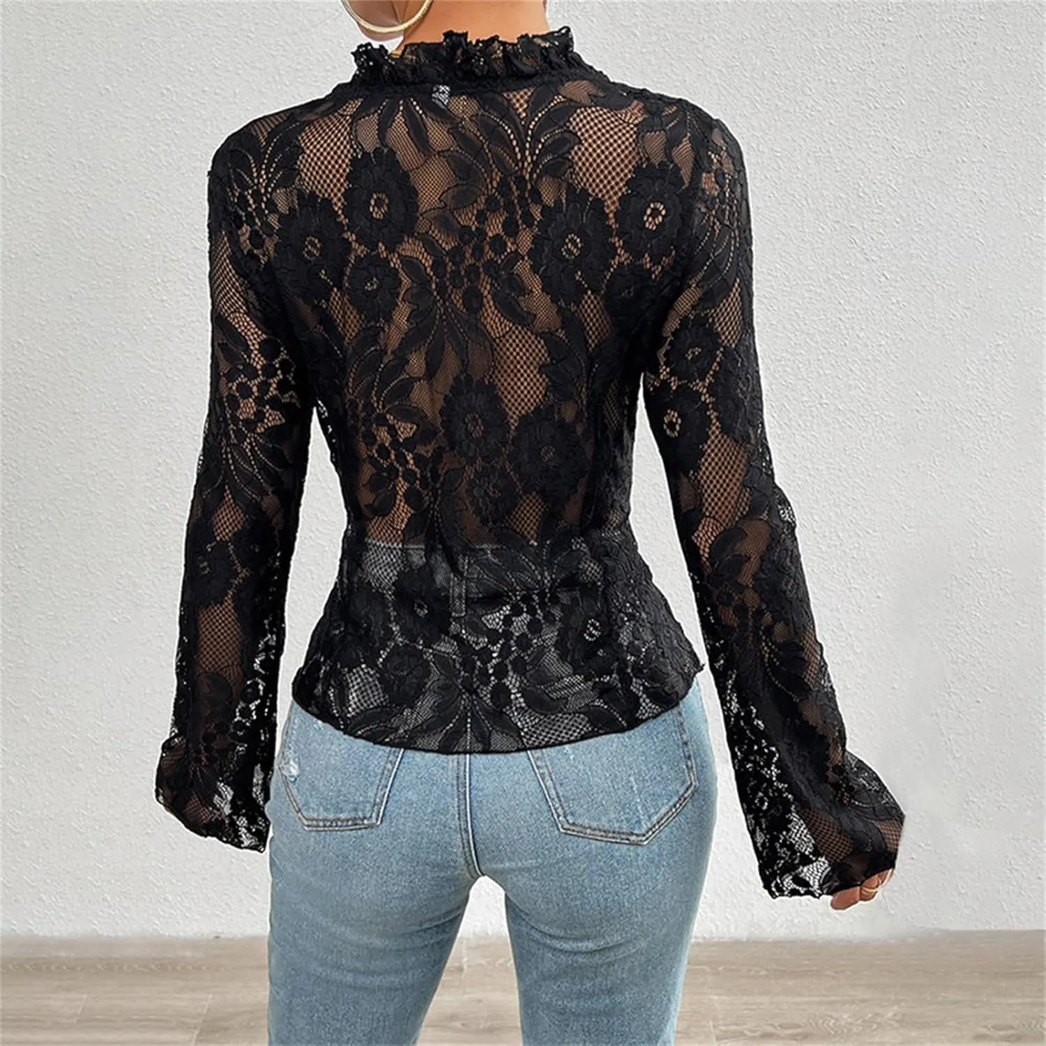 Women's Lace Long Sleeve Crop Top Sexy V Neck See Through Shirt Floral Lace Open Front Tie Blouse Streetwear