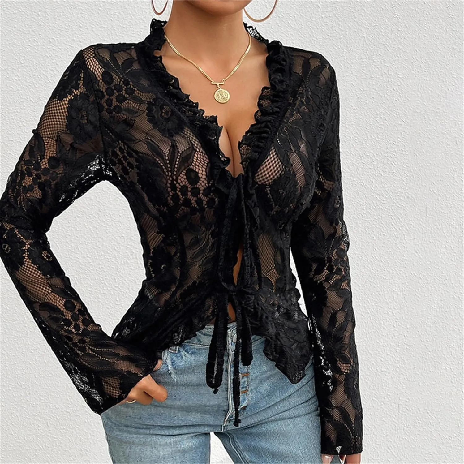 Women's Lace Long Sleeve Crop Top Sexy V Neck See Through Shirt Floral Lace Open Front Tie Blouse Streetwear