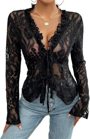 Women's Lace Long Sleeve Crop Top Sexy V Neck See Through Shirt Floral Lace Open Front Tie Blouse Streetwear
