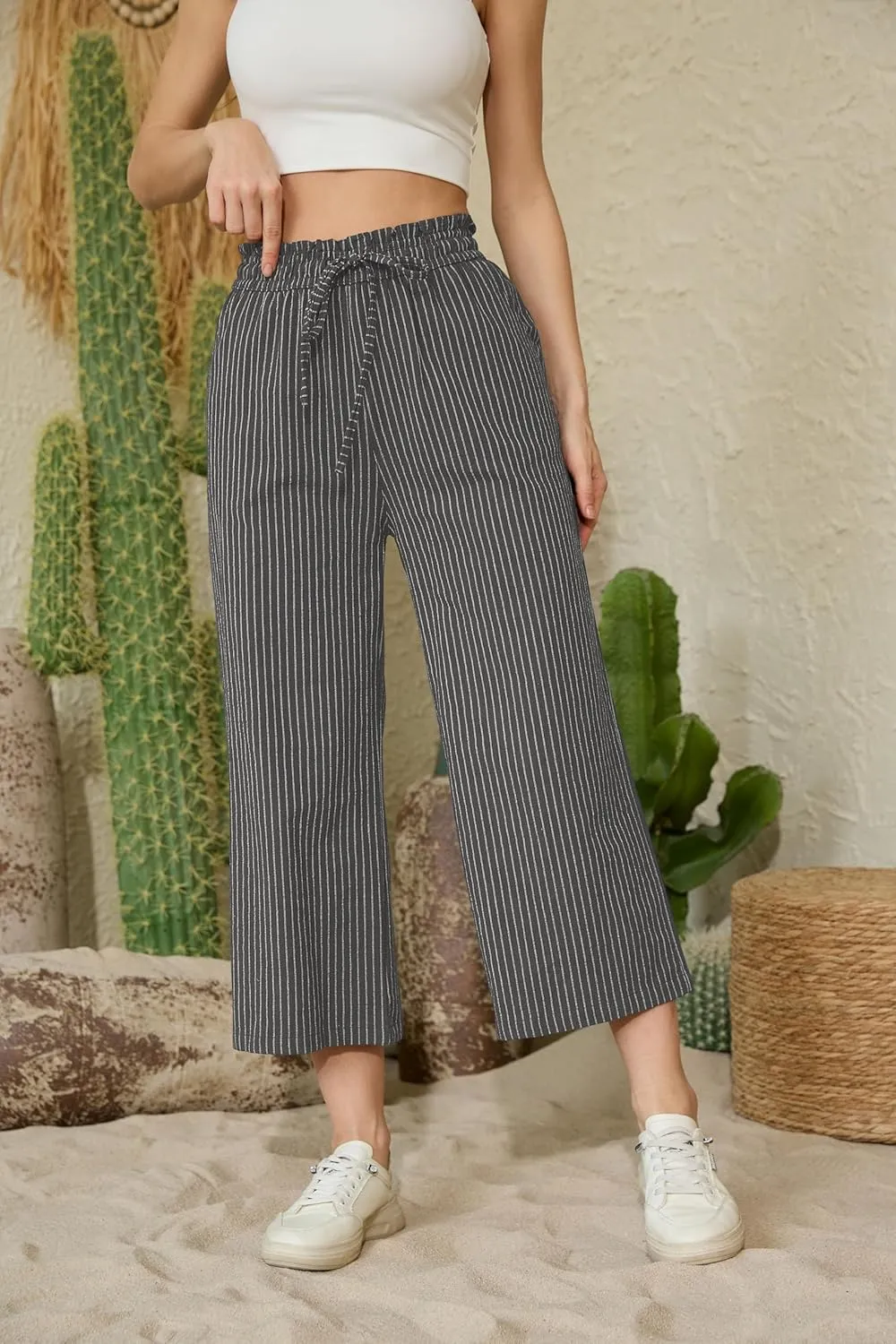Womens Linen Pants Wide Leg High Waisted Drawstring Casual Flowy Pants with Pockets