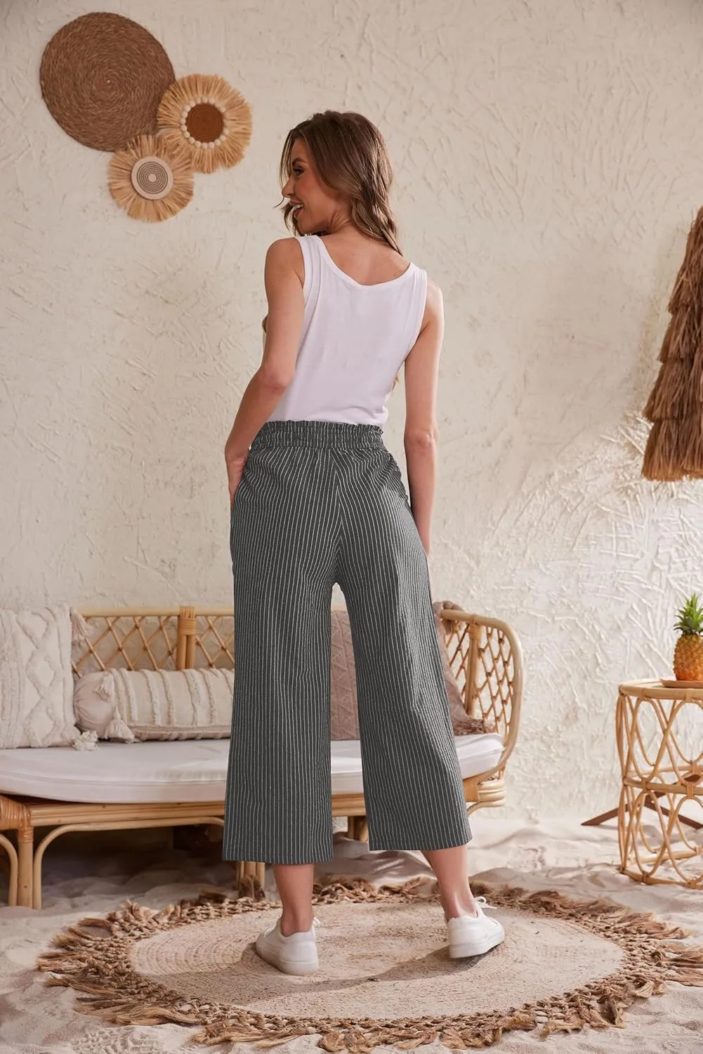 Womens Linen Pants Wide Leg High Waisted Drawstring Casual Flowy Pants with Pockets