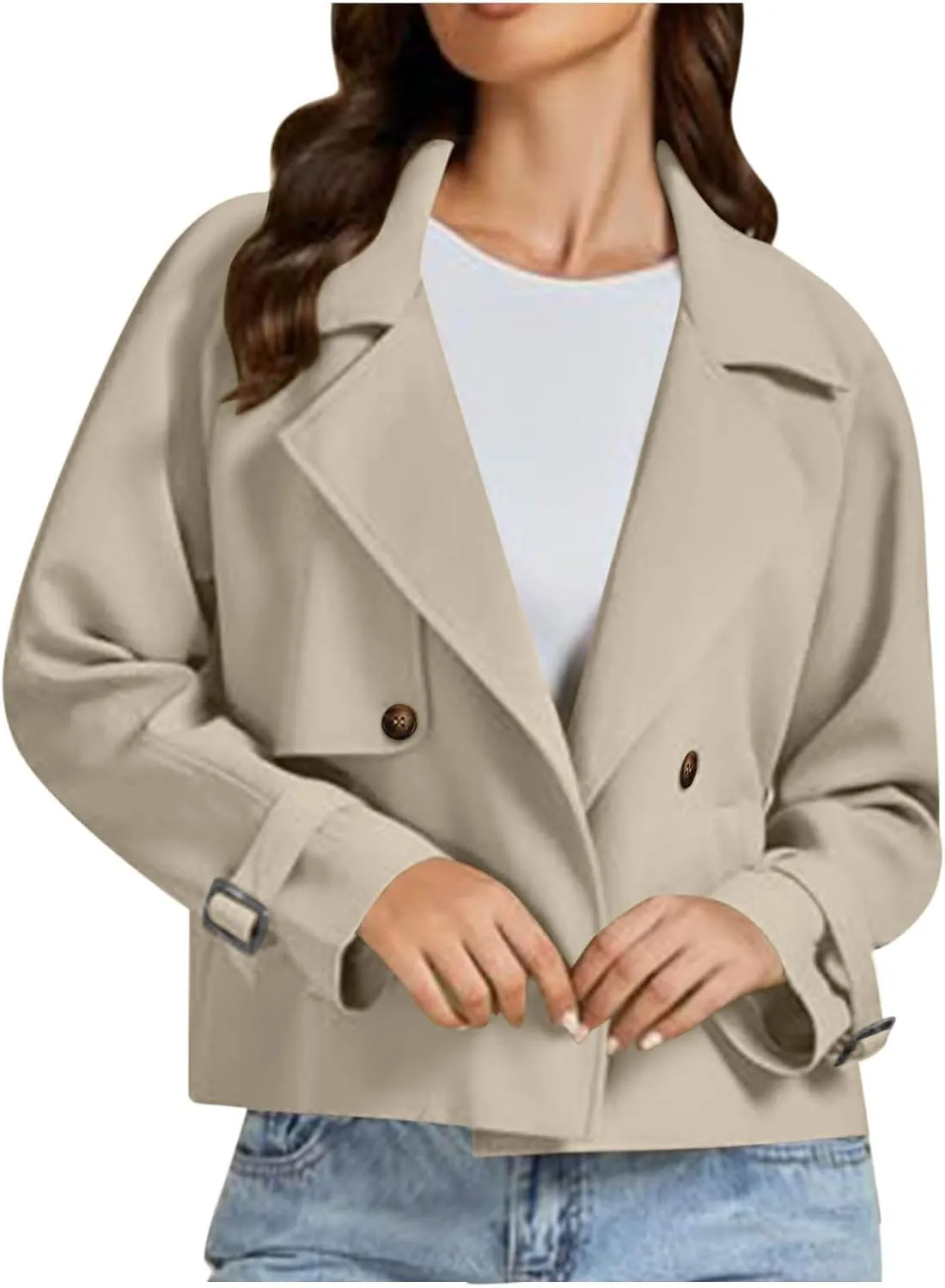 Womens Long Sleeve Crop Trench Coat Lapel Double Breasted Loose Casual Jacket with Pockets Classic Elegant Coats