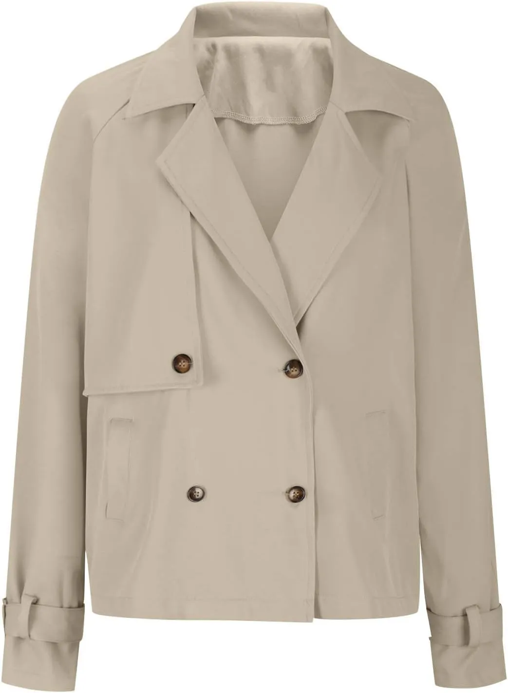 Womens Long Sleeve Crop Trench Coat Lapel Double Breasted Loose Casual Jacket with Pockets Classic Elegant Coats