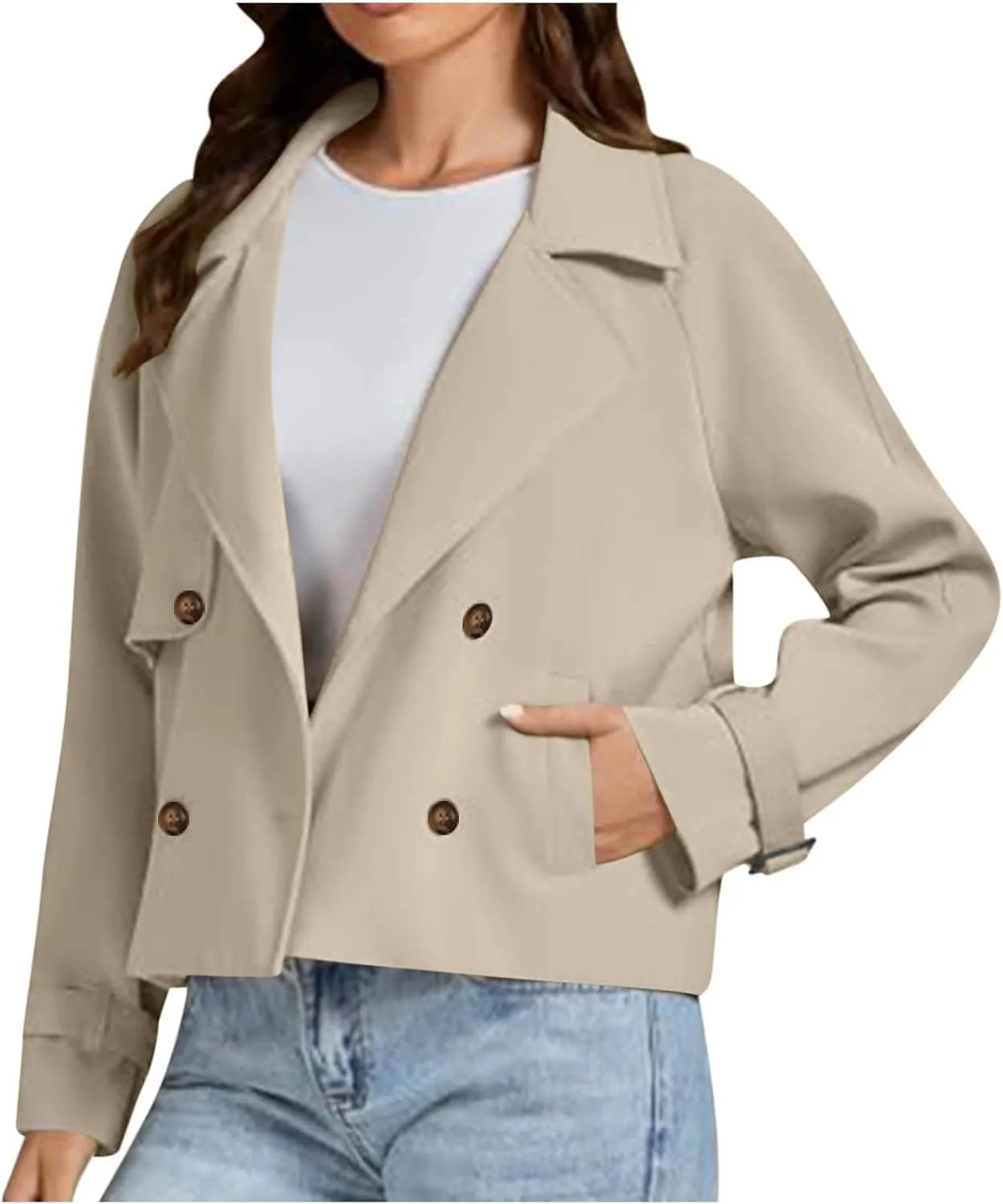 Womens Long Sleeve Crop Trench Coat Lapel Double Breasted Loose Casual Jacket with Pockets Classic Elegant Coats