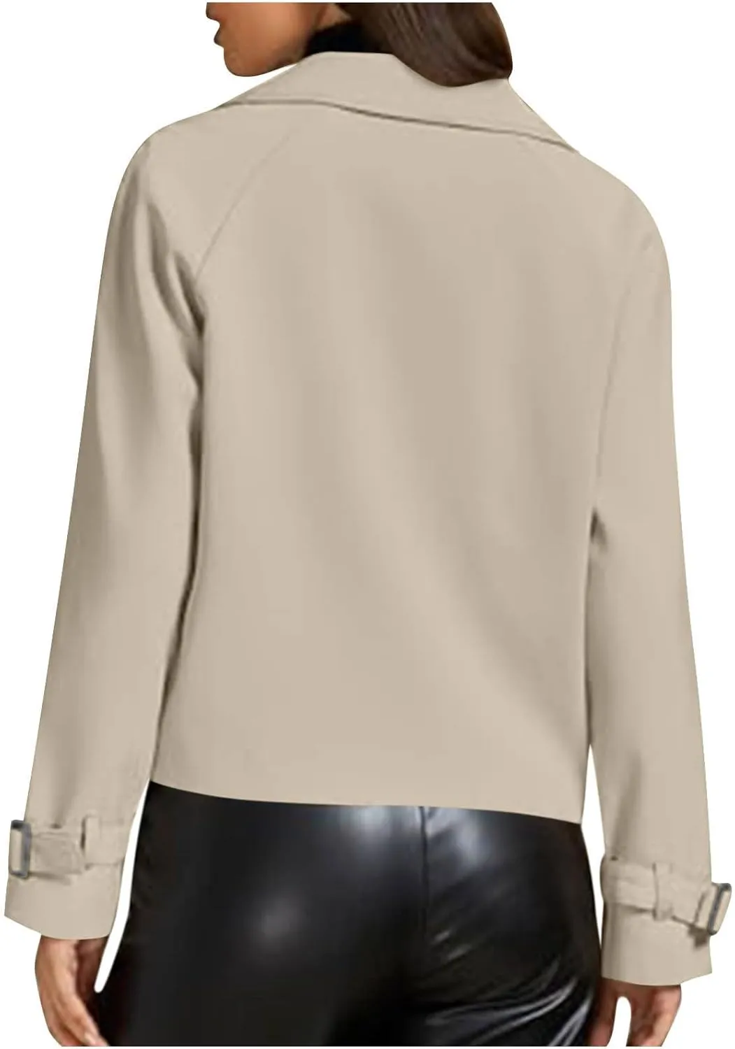 Womens Long Sleeve Crop Trench Coat Lapel Double Breasted Loose Casual Jacket with Pockets Classic Elegant Coats