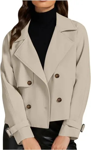 Womens Long Sleeve Crop Trench Coat Lapel Double Breasted Loose Casual Jacket with Pockets Classic Elegant Coats