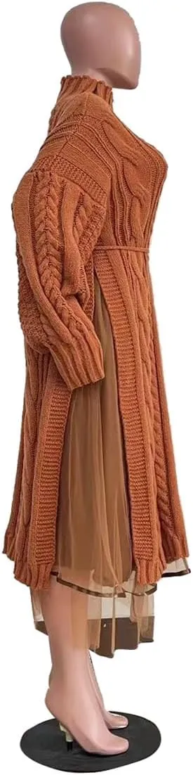 Womens Long Sweater Dress Long Sleeve Turtleneck Cable Knit Lace Slit A Line Pullover Dresses