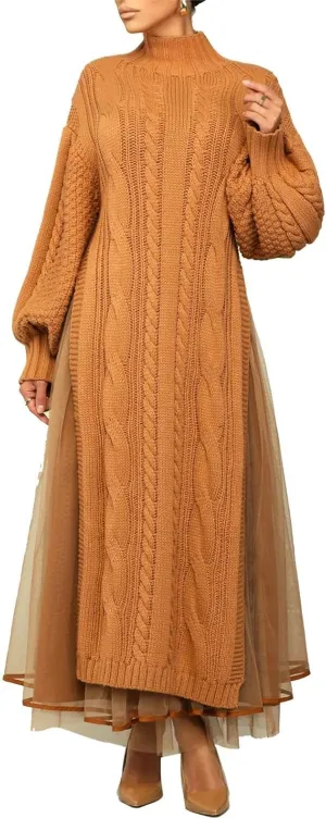 Womens Long Sweater Dress Long Sleeve Turtleneck Cable Knit Lace Slit A Line Pullover Dresses