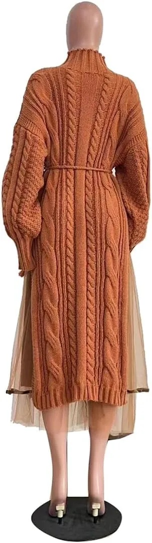 Womens Long Sweater Dress Long Sleeve Turtleneck Cable Knit Lace Slit A Line Pullover Dresses