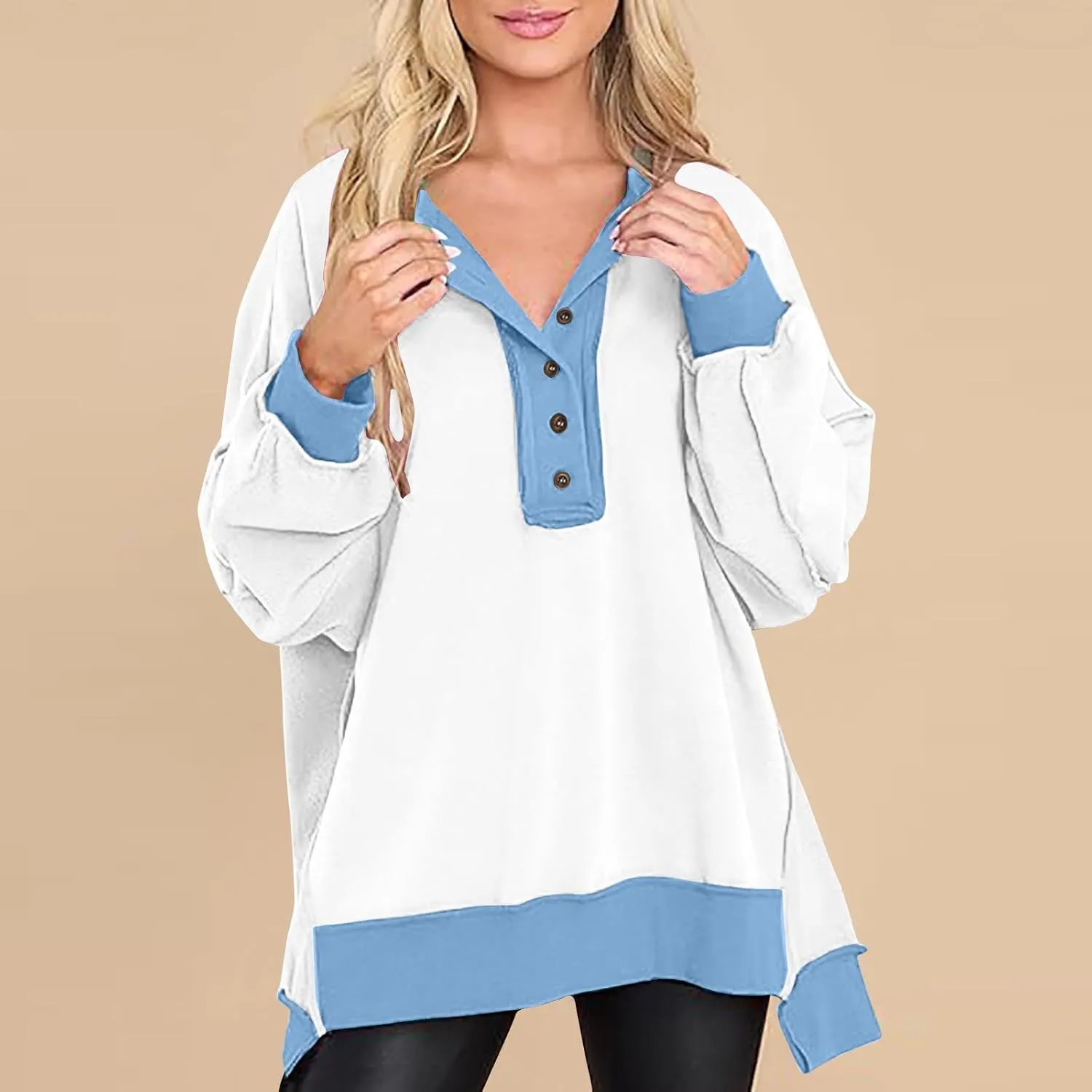 Women's Oversized Sweatshirt Casual Long Sleeve Button Henley Neck Pullover Tunic Tops Outfits Spring Fall Pullover