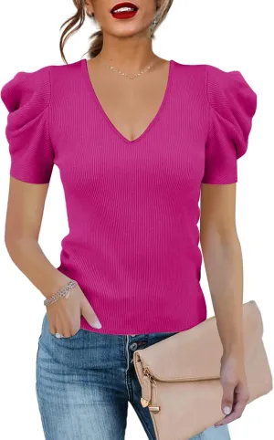 Women's Puff Long Sleeve Knit Pullover Sweaters Casual V Neck Ribbed Solid Soft Slim Fit Sweater Blouse Tops