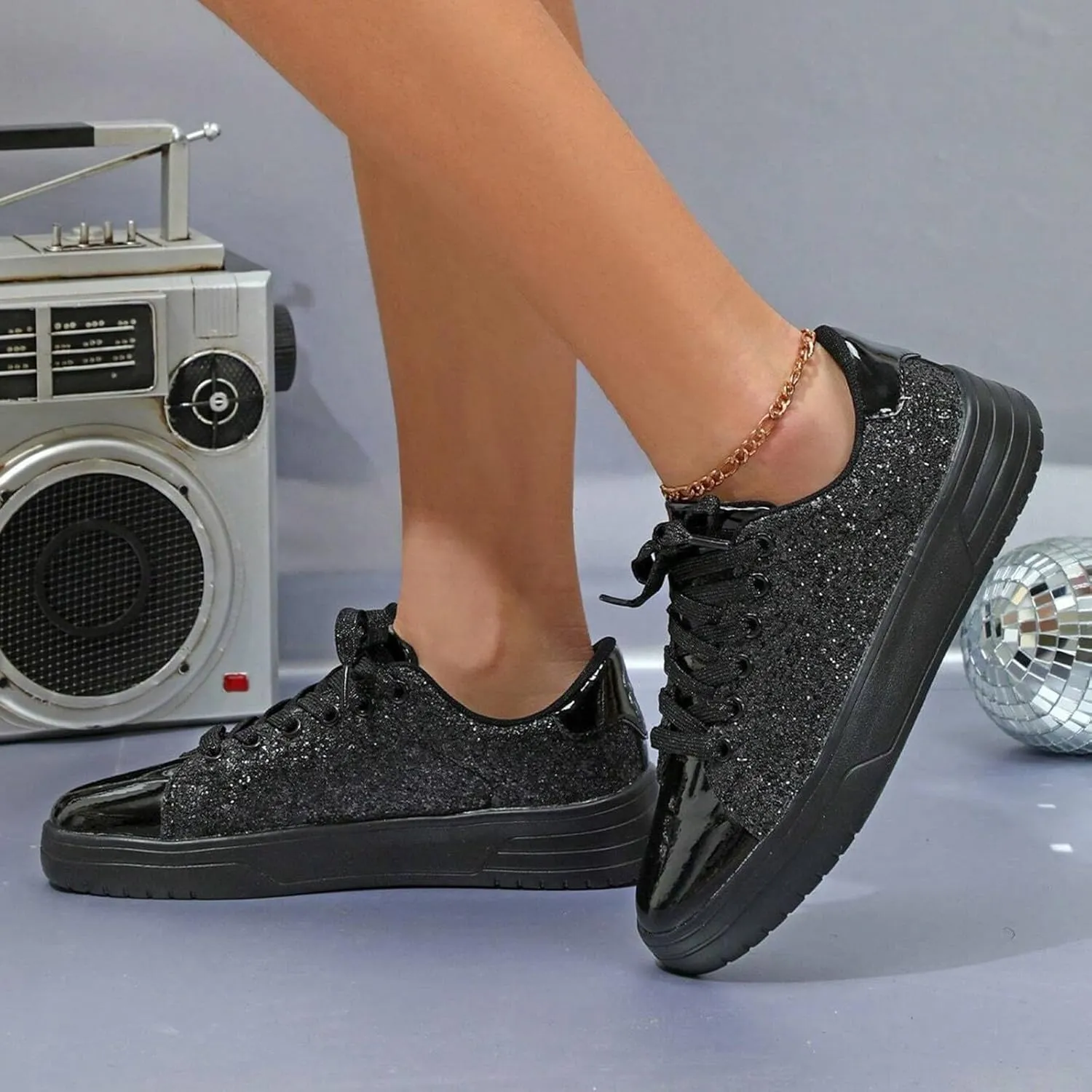 Women's Sneakers with Arch Support,Rhinestone Bling Casual Shoes Slip On Walking Shoes Thick Sole Flat Sparkly Shoes