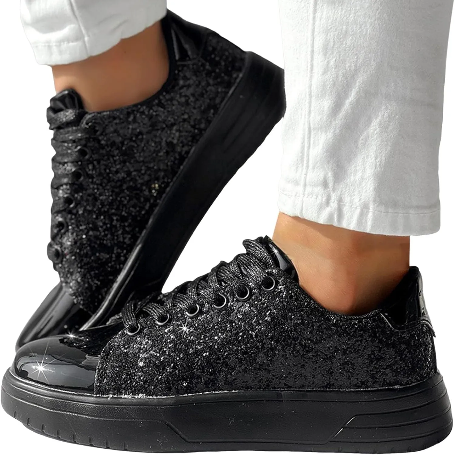 Women's Sneakers with Arch Support,Rhinestone Bling Casual Shoes Slip On Walking Shoes Thick Sole Flat Sparkly Shoes