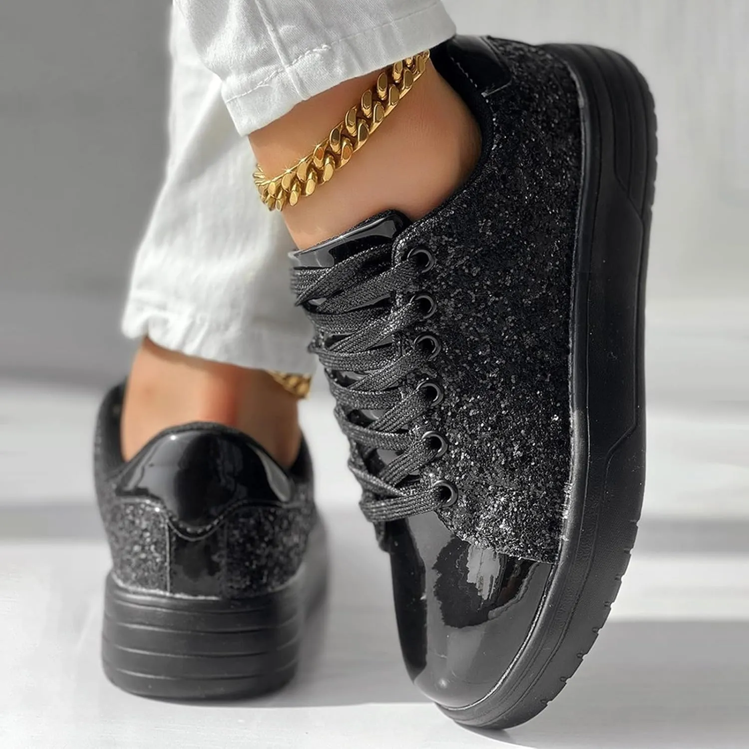 Women's Sneakers with Arch Support,Rhinestone Bling Casual Shoes Slip On Walking Shoes Thick Sole Flat Sparkly Shoes