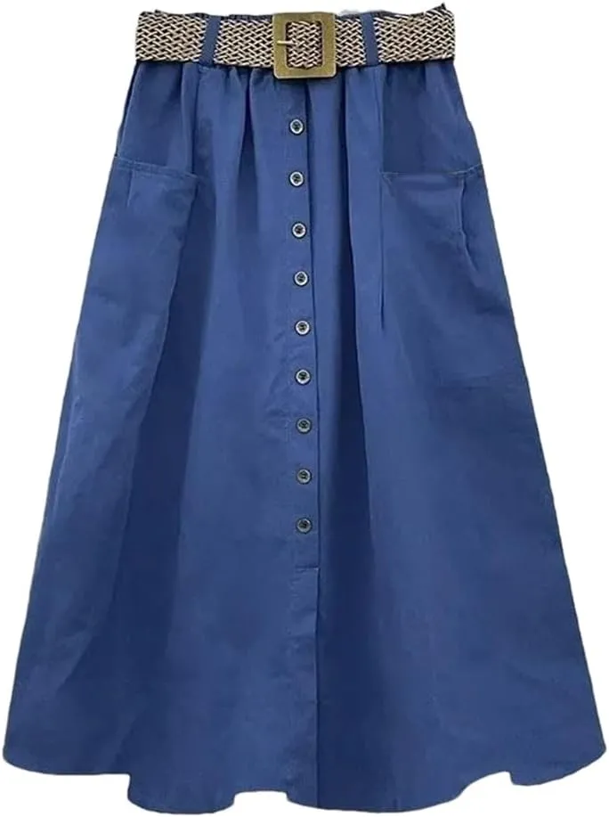 Women's Spring Autumn Skirt Solid Pockets Elasticity High Waist Belt A-Line Fashion Big Swing Skirts