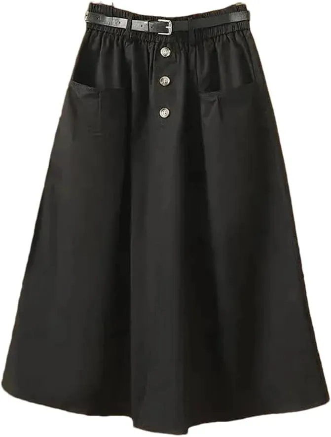 Women's Spring Autumn Skirt Solid Pockets High Waist A-Line Casual Slim Fit Big Swing Skirts