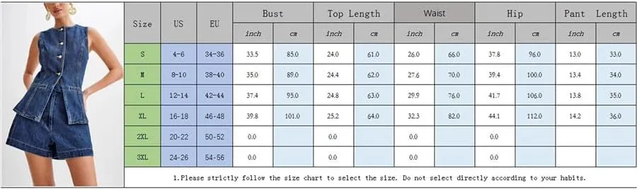Women's Summer 2 Piece Denim Outfits Round Neck Front Button Blazer Vest shorts Business Jean Short Set