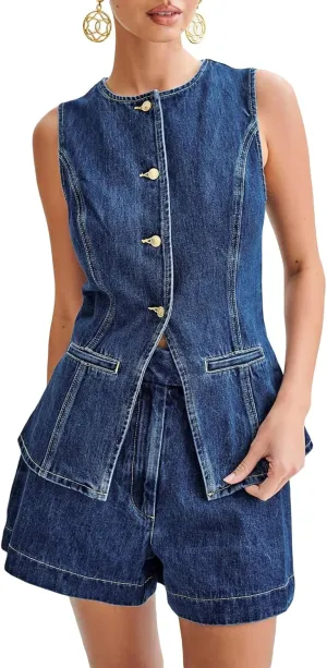 Women's Summer 2 Piece Denim Outfits Round Neck Front Button Blazer Vest shorts Business Jean Short Set