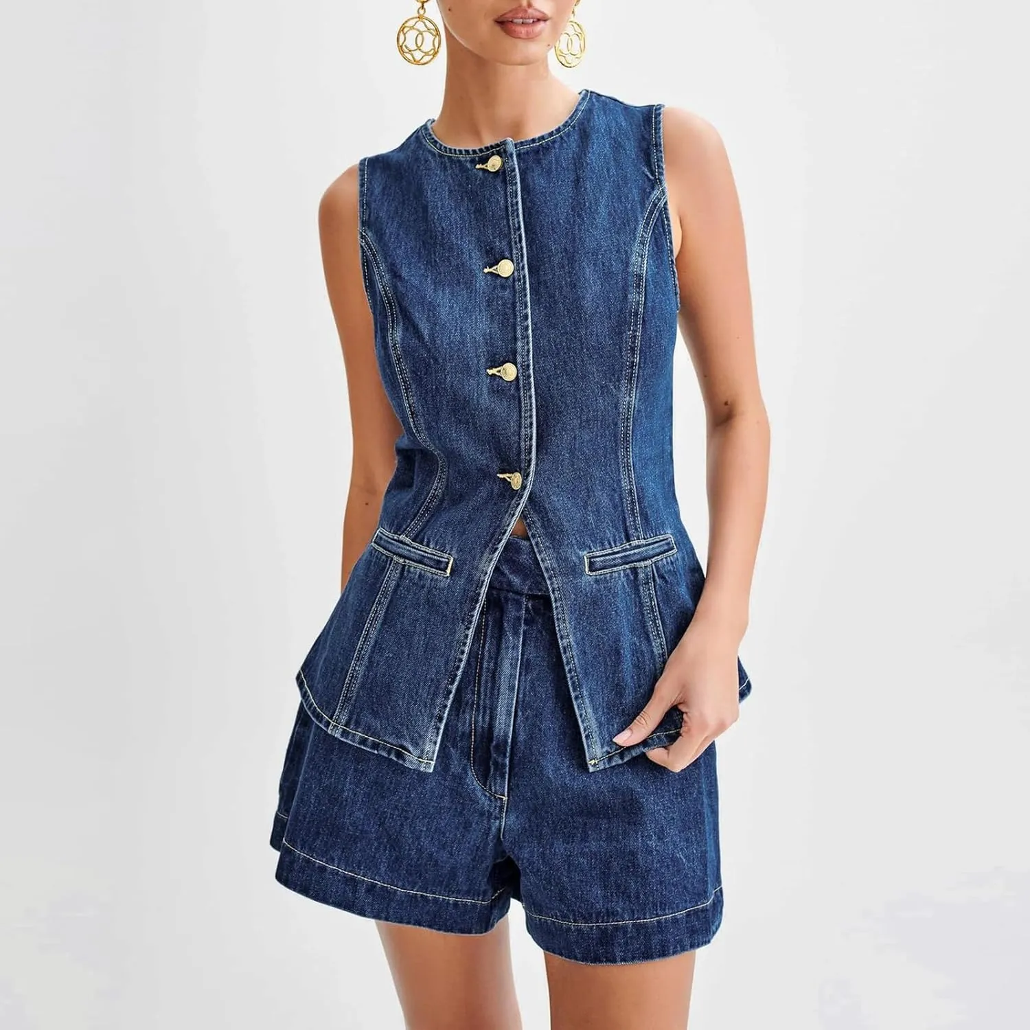 Women's Summer 2 Piece Denim Outfits Round Neck Front Button Blazer Vest shorts Business Jean Short Set
