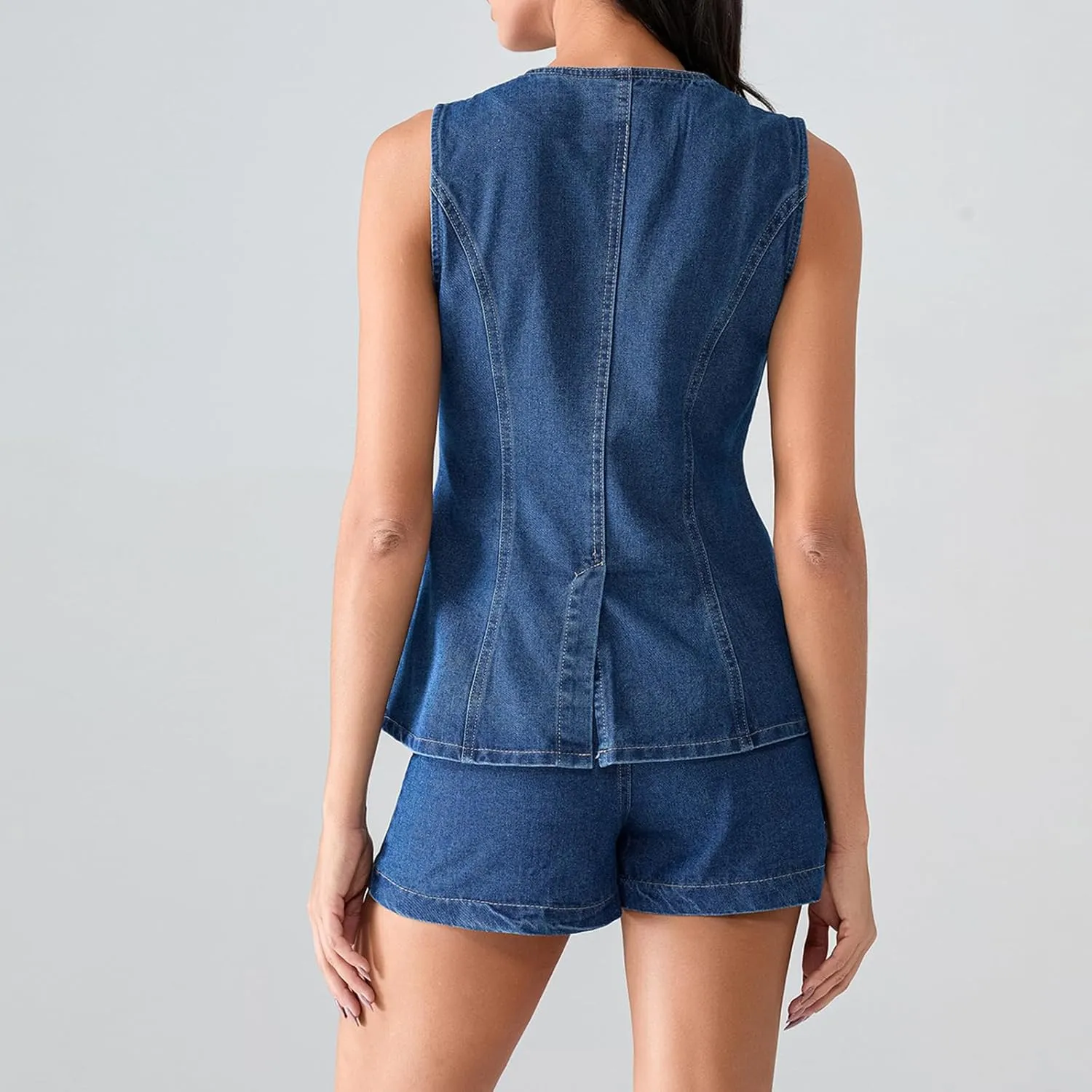 Women's Summer 2 Piece Denim Outfits Round Neck Front Button Blazer Vest shorts Business Jean Short Set