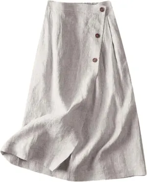 Women's Summer Cotton Linen Skirts Casual Medium Length Large Swing with Button Skirt