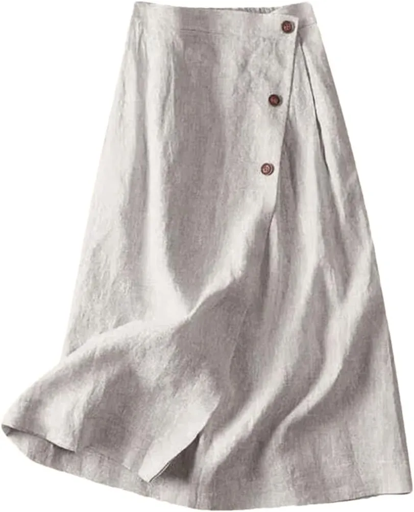 Women's Summer Cotton Linen Skirts Casual Medium Length Large Swing with Button Skirt