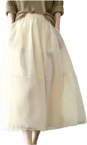Women's Summer Elegant Solid Color Spliced Gauze Folds Skirts Loose Elastic High Waist Skirt