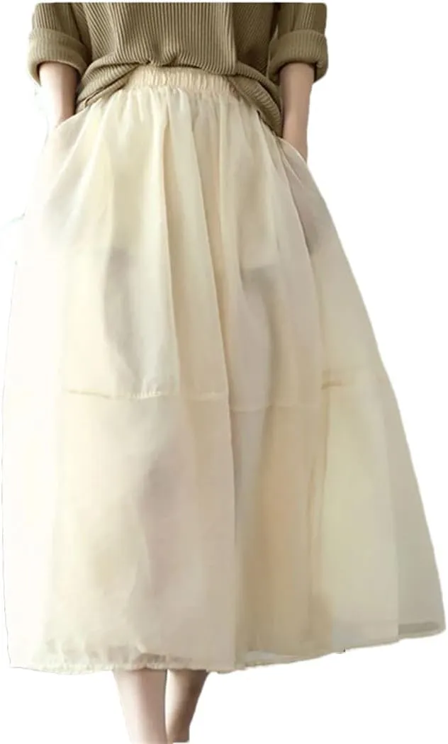 Women's Summer Elegant Solid Color Spliced Gauze Folds Skirts Loose Elastic High Waist Skirt