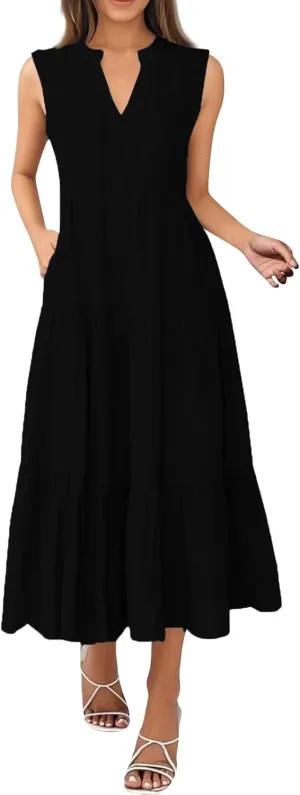 Women's Summer Sleeveless Dress Casual V Neck Pleated Ruffle Hem Tank Dresses Solid Color Beach Vacation Sundresses