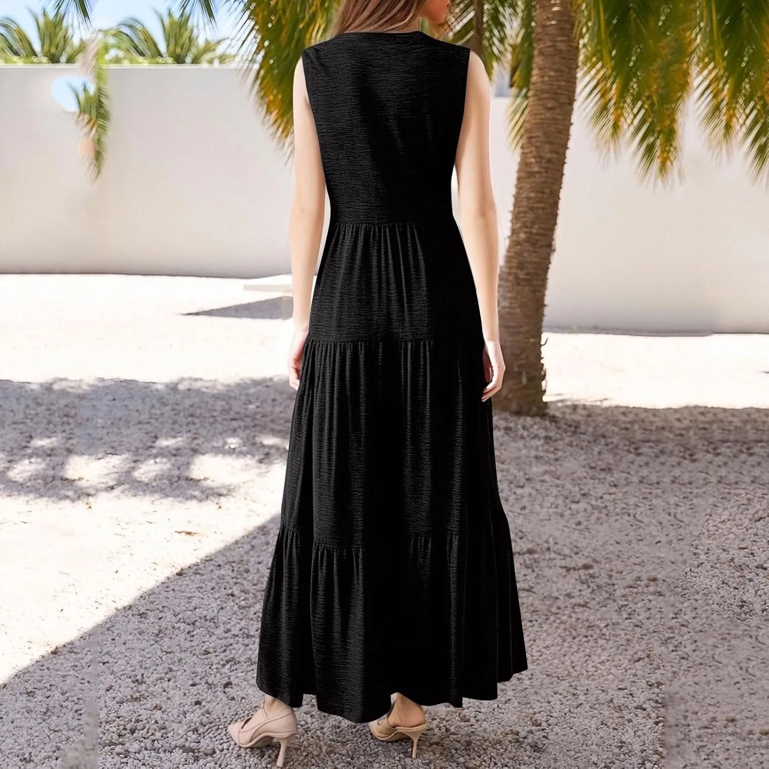 Women's Summer Sleeveless Dress Casual V Neck Pleated Ruffle Hem Tank Dresses Solid Color Beach Vacation Sundresses