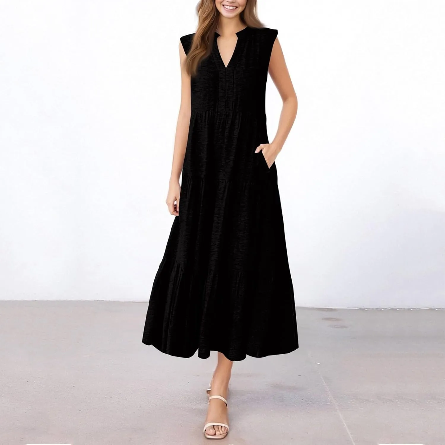 Women's Summer Sleeveless Dress Casual V Neck Pleated Ruffle Hem Tank Dresses Solid Color Beach Vacation Sundresses