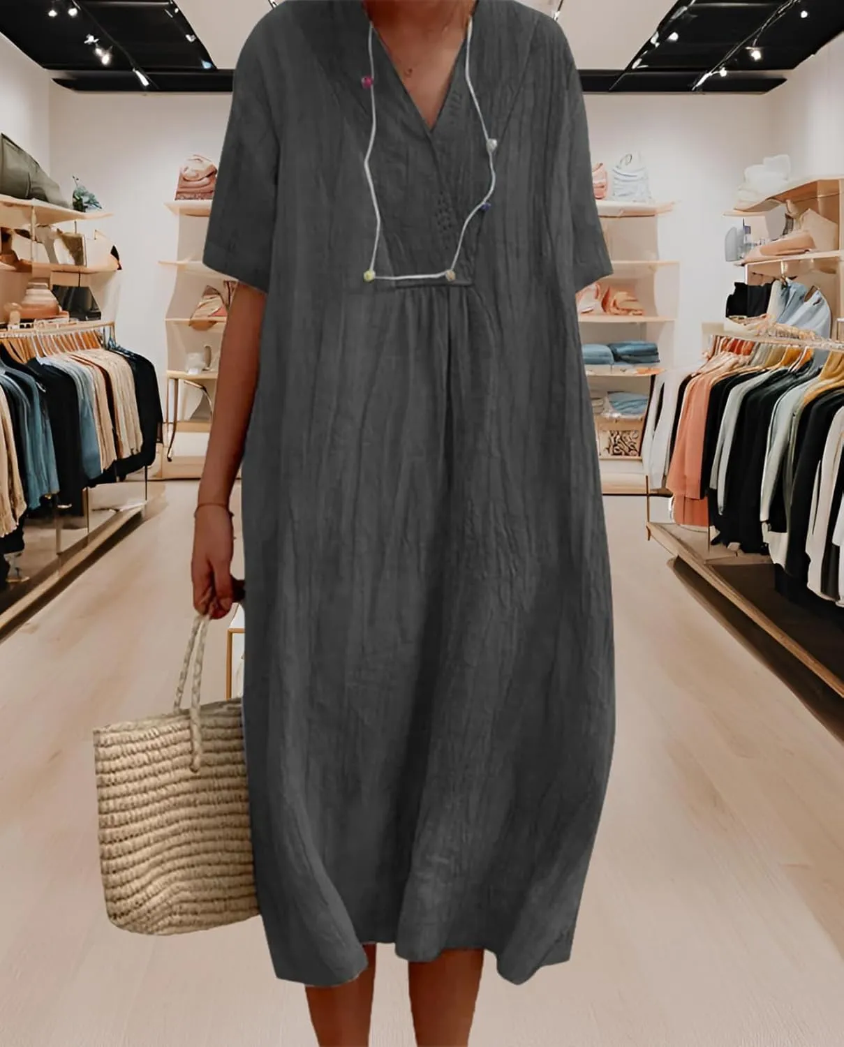 Women's Travel Essential Dress Casual Summer V-Neck Short-Sleeved Loose Medium-Length Cotton Linen Breathable