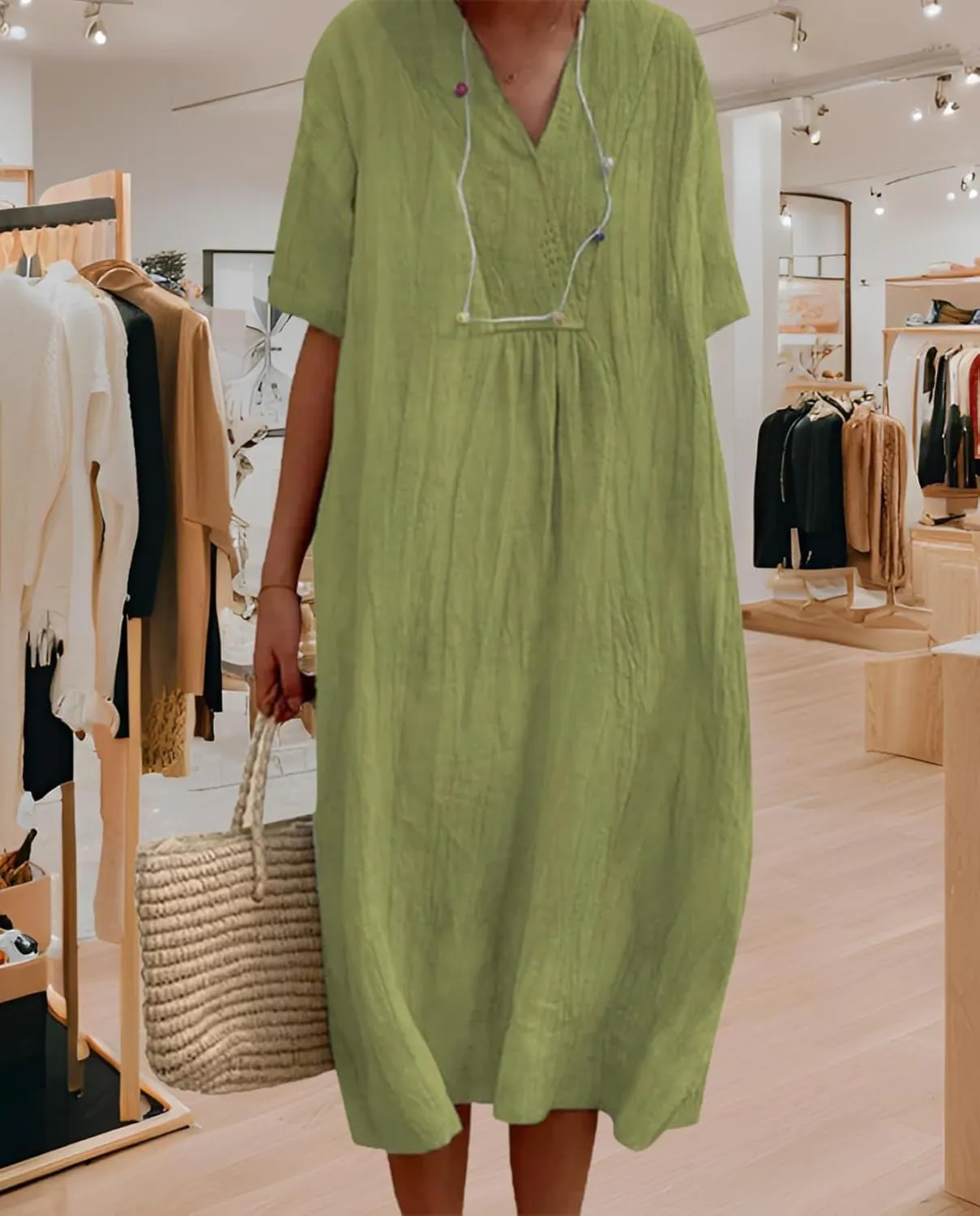 Women's Travel Essential Dress Casual Summer V-Neck Short-Sleeved Loose Medium-Length Cotton Linen Breathable