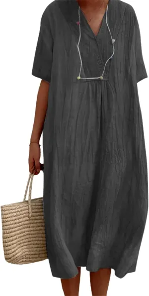 Women's Travel Essential Dress Casual Summer V-Neck Short-Sleeved Loose Medium-Length Cotton Linen Breathable