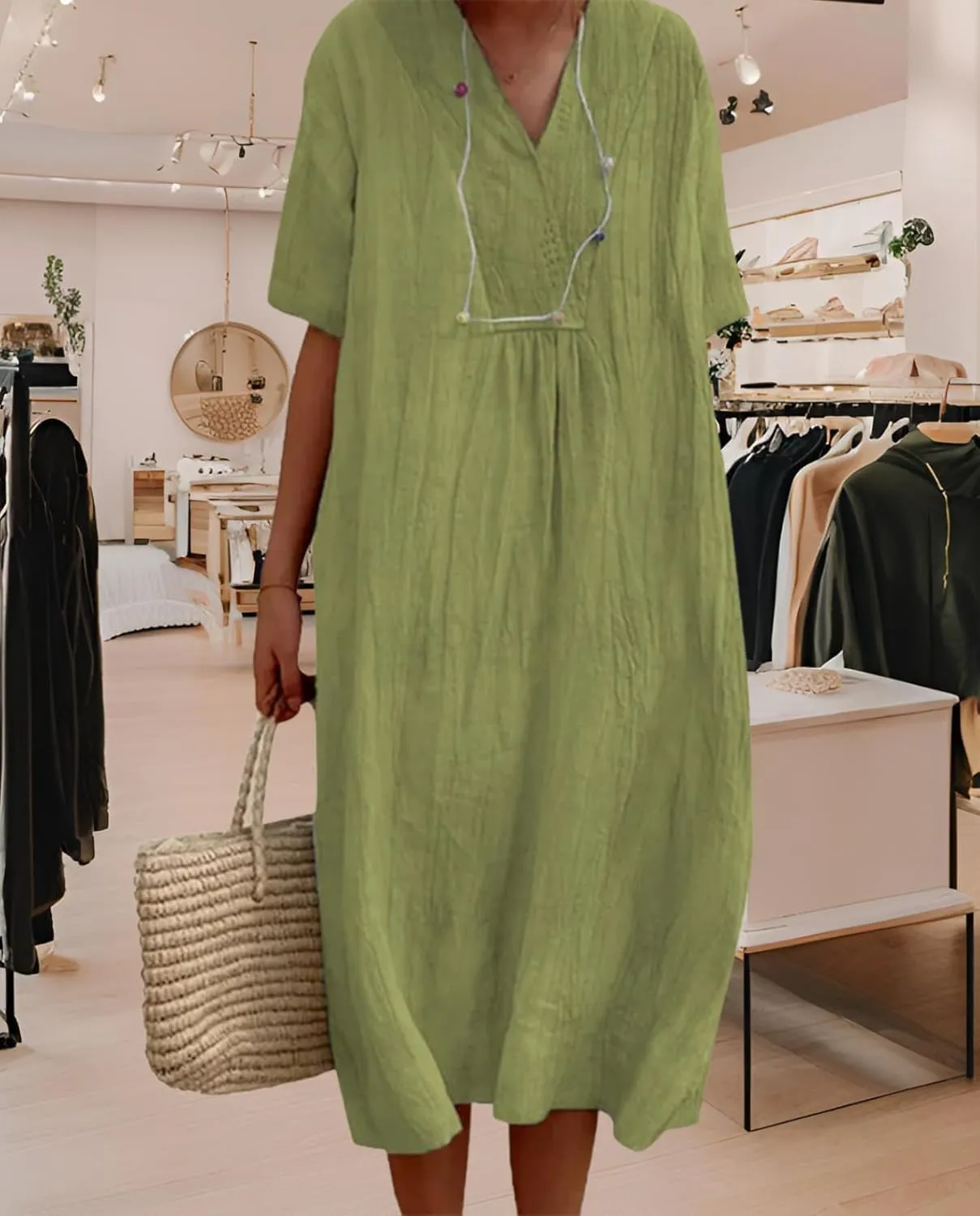 Women's Travel Essential Dress Casual Summer V-Neck Short-Sleeved Loose Medium-Length Cotton Linen Breathable