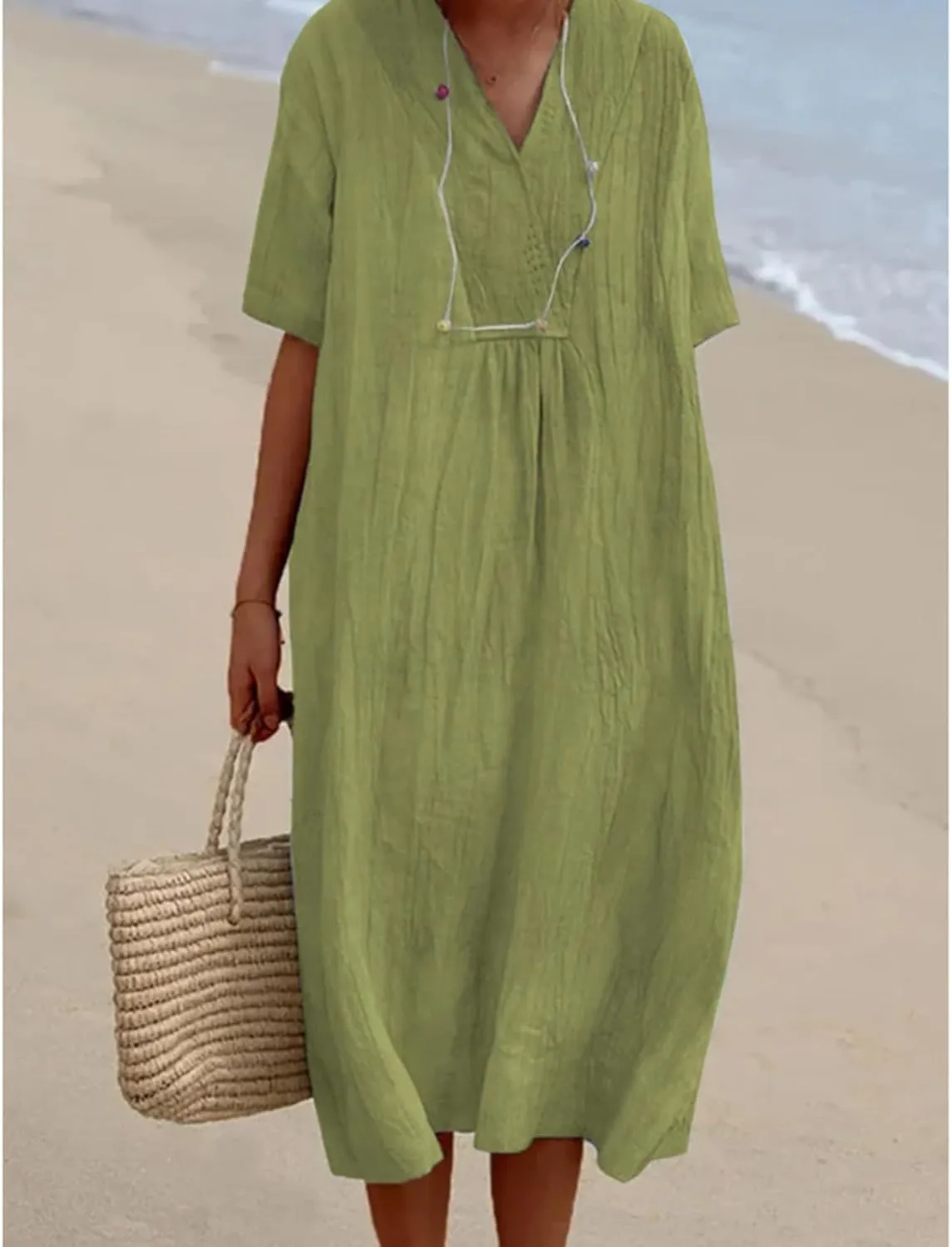 Women's Travel Essential Dress Casual Summer V-Neck Short-Sleeved Loose Medium-Length Cotton Linen Breathable