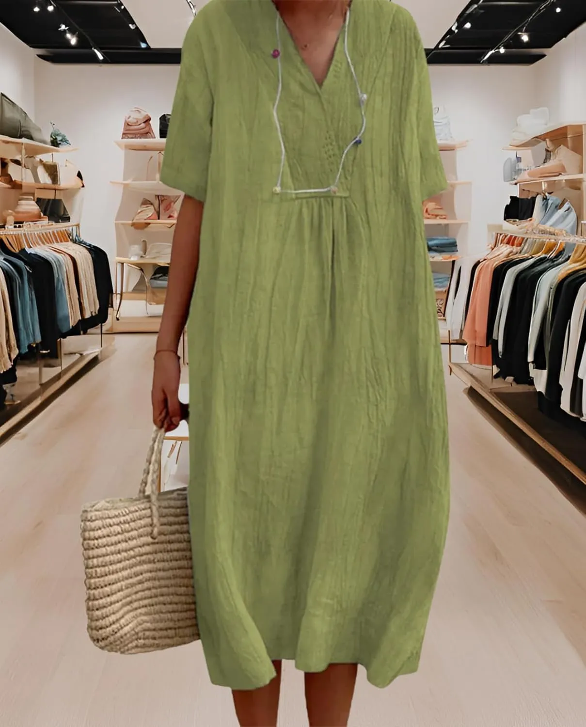 Women's Travel Essential Dress Casual Summer V-Neck Short-Sleeved Loose Medium-Length Cotton Linen Breathable
