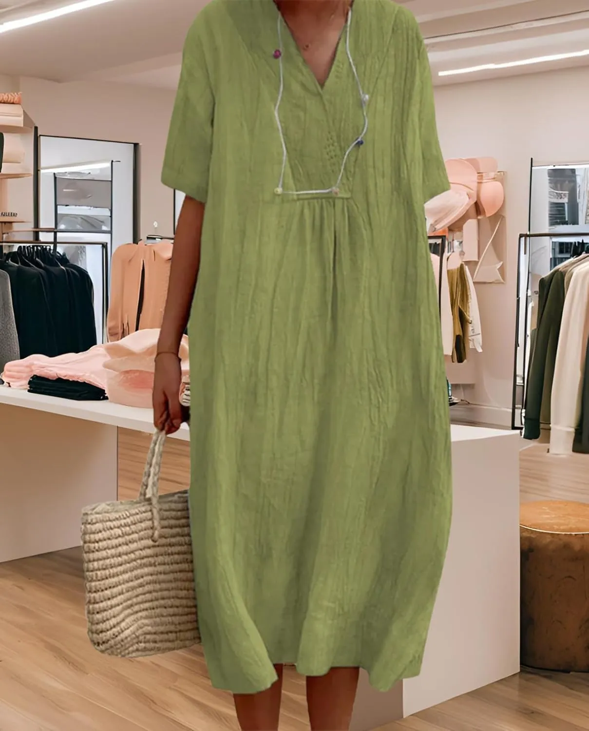 Women's Travel Essential Dress Casual Summer V-Neck Short-Sleeved Loose Medium-Length Cotton Linen Breathable