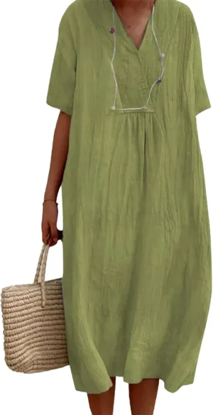 Women's Travel Essential Dress Casual Summer V-Neck Short-Sleeved Loose Medium-Length Cotton Linen Breathable