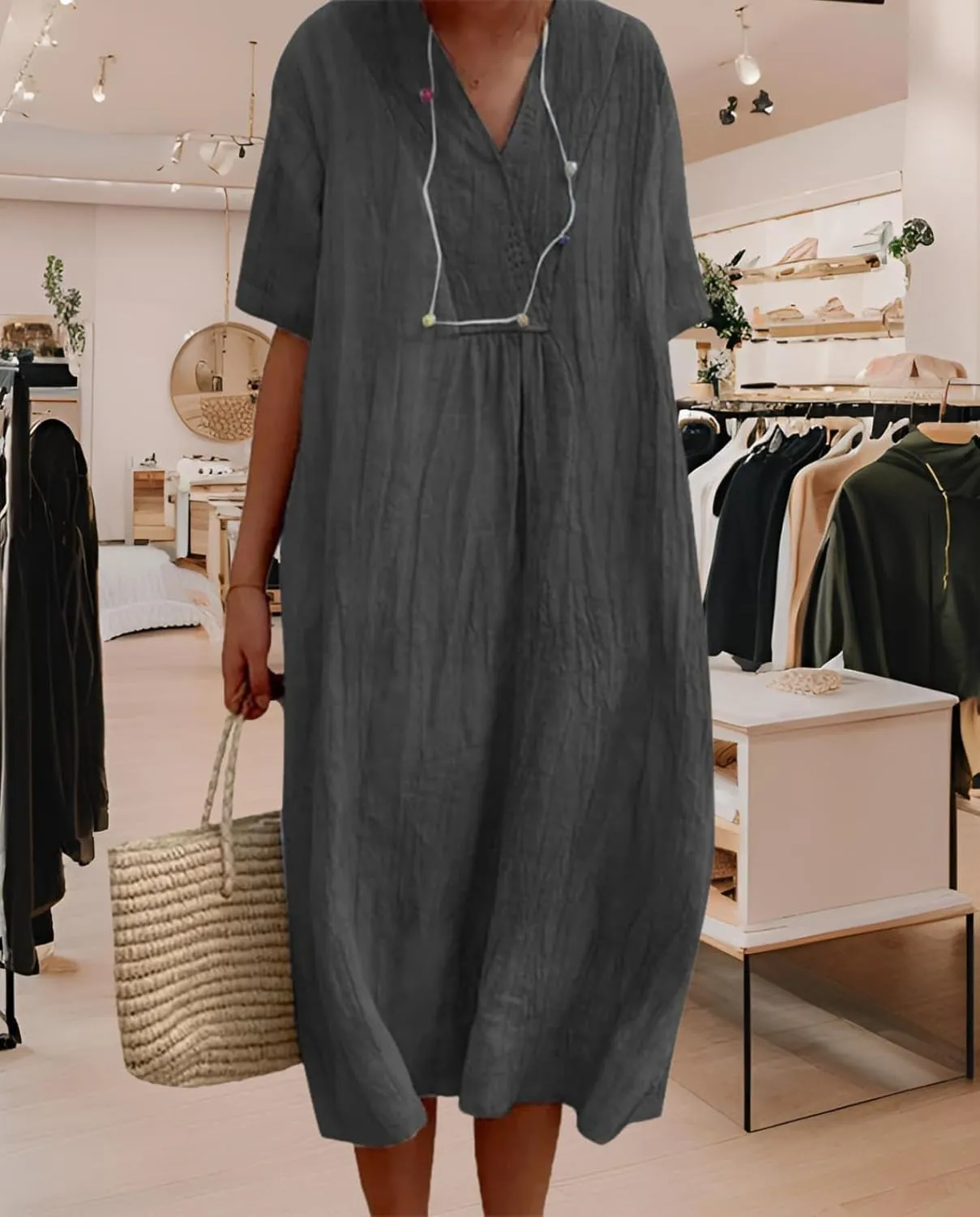 Women's Travel Essential Dress Casual Summer V-Neck Short-Sleeved Loose Medium-Length Cotton Linen Breathable