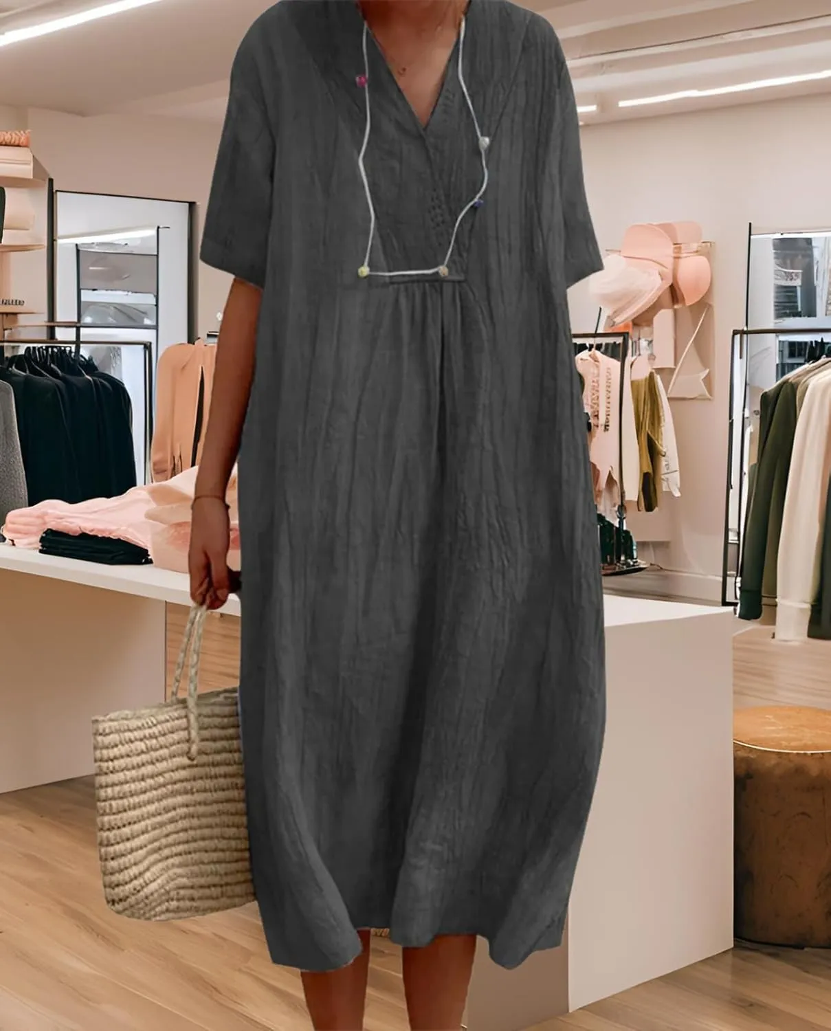 Women's Travel Essential Dress Casual Summer V-Neck Short-Sleeved Loose Medium-Length Cotton Linen Breathable