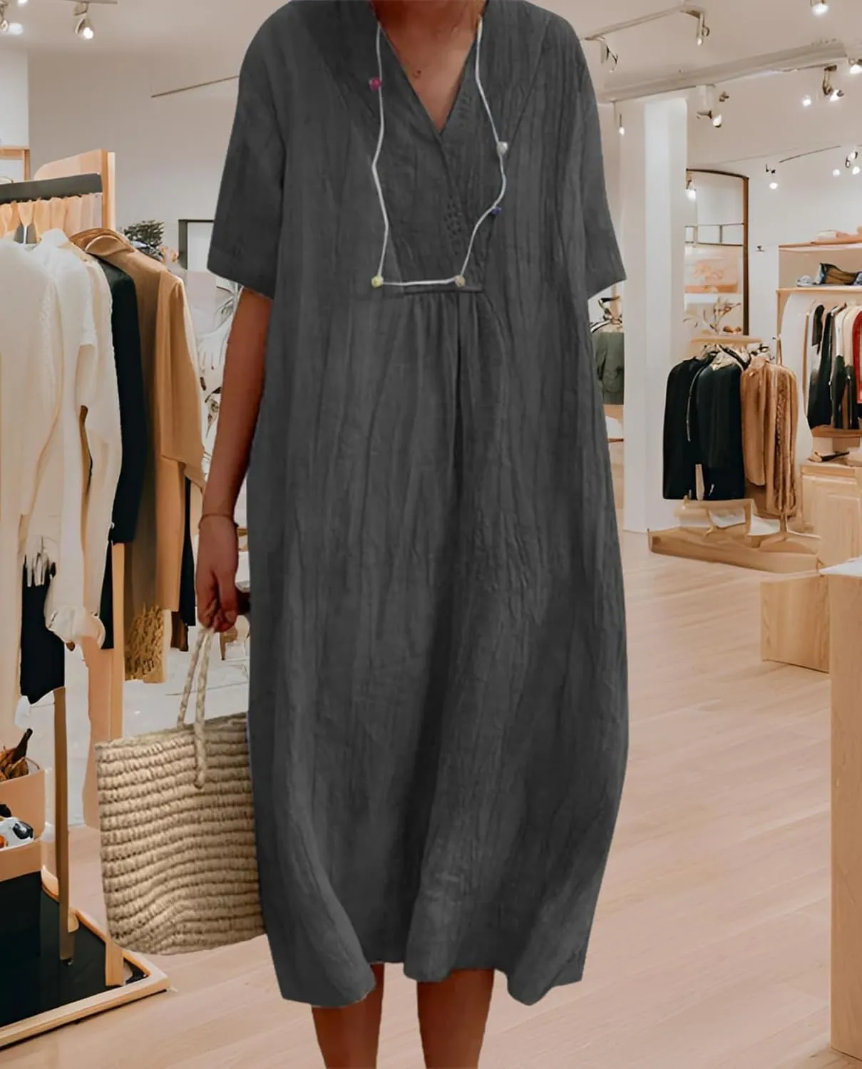 Women's Travel Essential Dress Casual Summer V-Neck Short-Sleeved Loose Medium-Length Cotton Linen Breathable